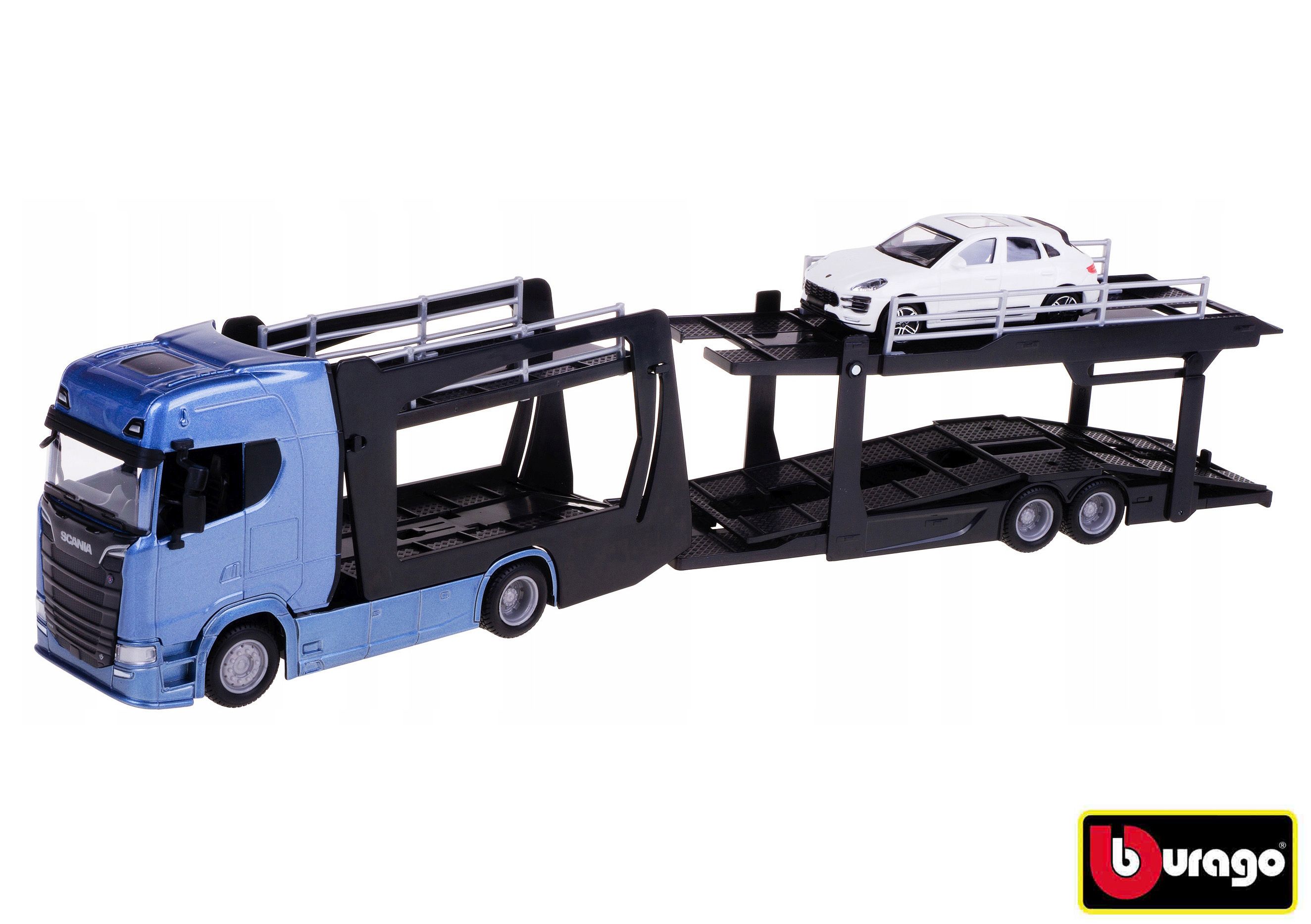 Bburago 1:43  Kamion Multicar Carrier Scania 770S Blue + Porsche Macan